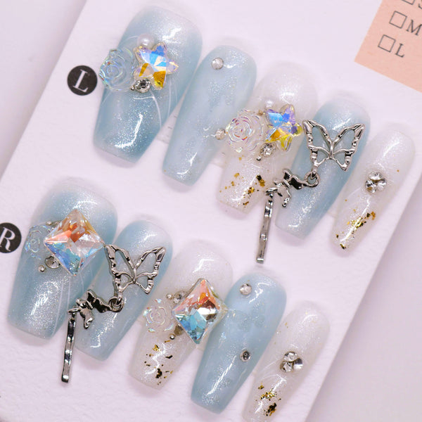 L1118 - Light Blue and White Handmade Press-on Nail