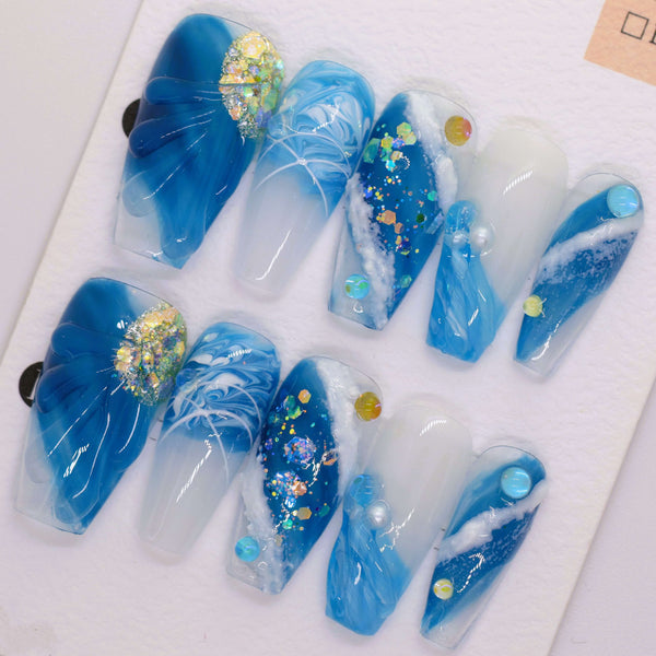 L1119 - Blue and White Handmade Press-on Nails