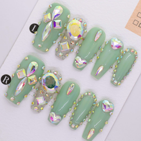 G1115 - Green Acrylic Handmade Press-on Nails