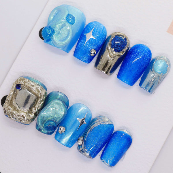 C1121 - Blue and Silver Handmade Press-on Nails