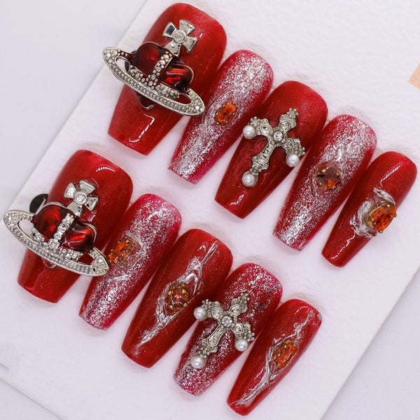 R1105 - Red Acrylic Handmade Press-on Nails