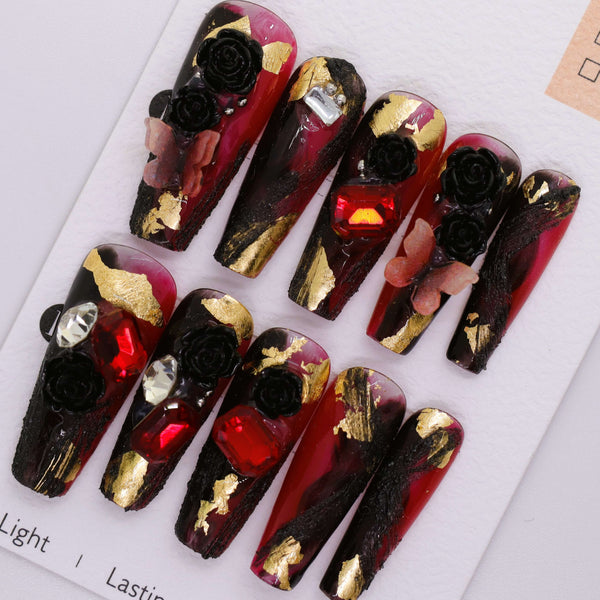 R1103 - Red and Black Handmade Press-on Nails