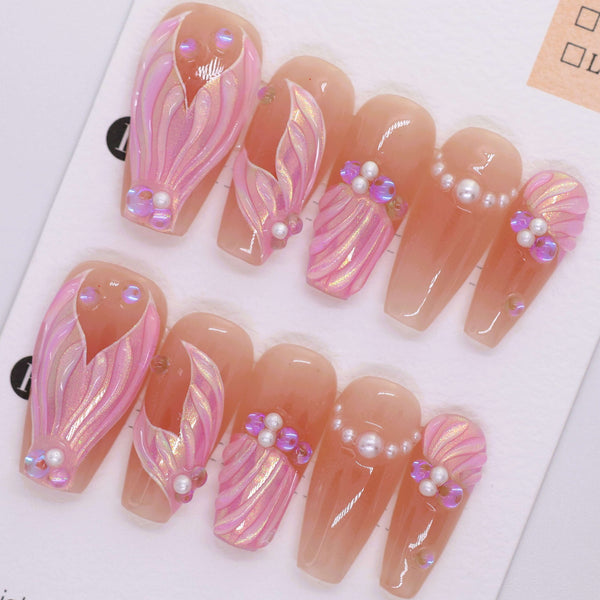 P1111 - Press-on Nail With Pearls and Mermaid Tails