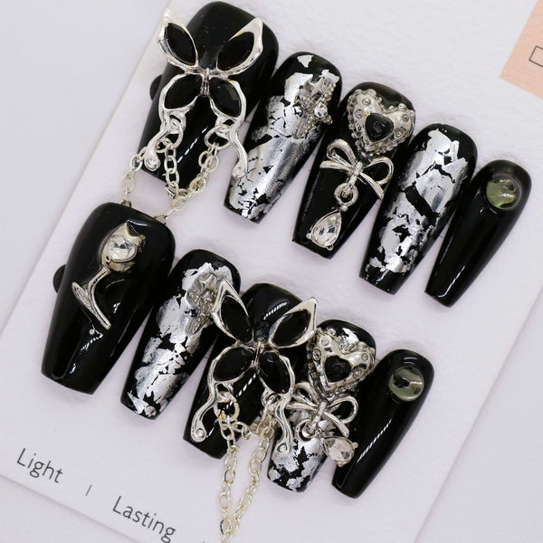 B1117 - Black and Silver Handmade Press-on Nails