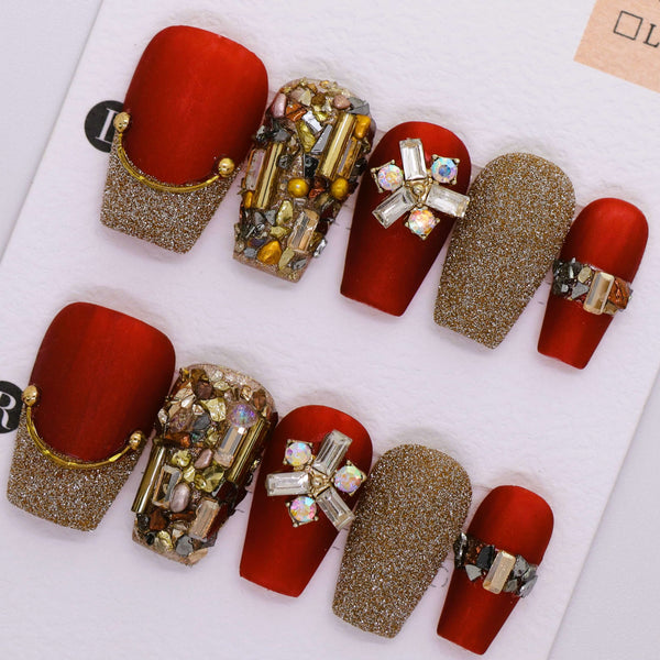 R1102 - Red and Gold Acrylic Handmade Press-on Nails