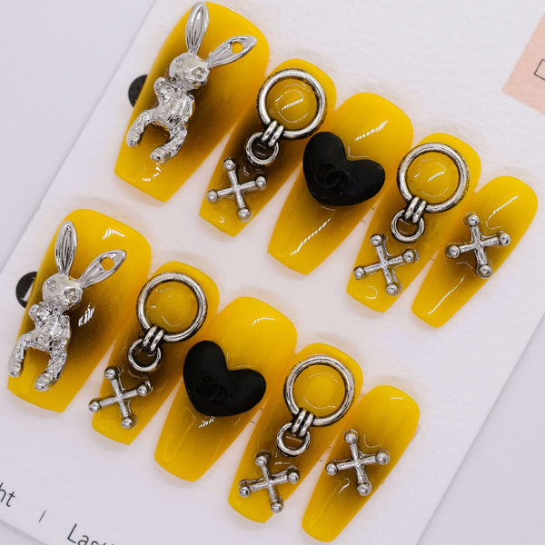 Y1120 - Yellow and Black Handmade Press-on Nails